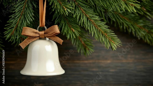 A bell with a bow hangs from a pine tree branch as holiday decorations brighten the space in the evening