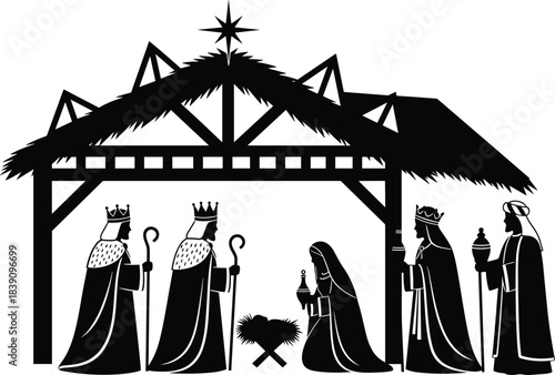 Nativity scene illustration with Three Wise Men offering gifts, holy family in stable, Christmas religious silhouette artwork for festive holiday design