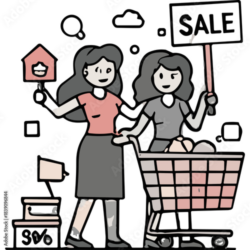 Two women are shopping together in a supermarket pushing a shopping cart filled with groceries and household items with a clean simple illustration style and pastel colors