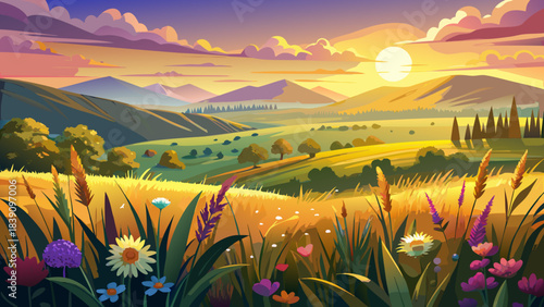 Very beautiful wide meadow glowing in warm sunlight with wildflowers, tall grasses, and distant rolling hills, forming an idyllic pastoral scene capturing gentle rural harmony and open natural landsca