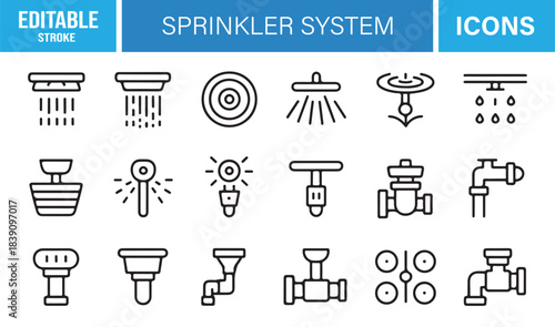 Vector Line Art Icons Depicting Sprayers, Sprinkler Heads, Water Drips, Valves, Pipes, and Irrigation System Components