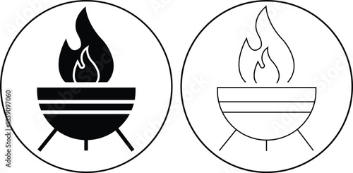 Outdoor fire pit icons set flat, outline styles. Graphic illustration depicting burning wood flame campfire barbecue BBQ grill minimalist silhouette design elements isolated on transparent background.