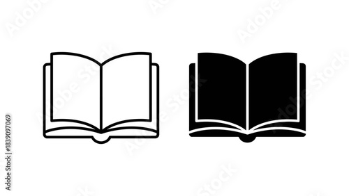 Open Book Icons: Black-and-White Stylized Pair Featuring Outline and Solid Fill Variants for Educational UI, Reading Apps, and Literature-Themed Visual Storytelling