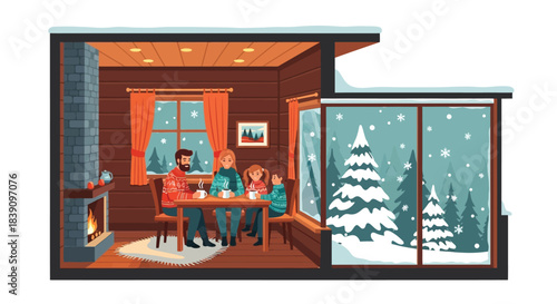 Family gathering around a table inside a cozy winter cabin enjoying each others company.