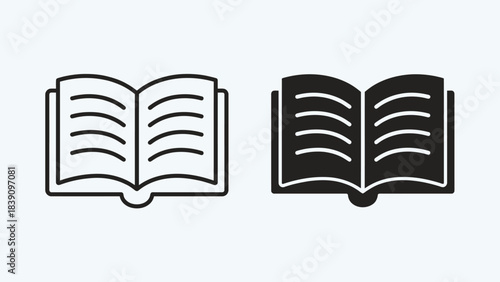 Open Book Icons: Black-and-White Stylized Pair Featuring Outline and Solid Fill Variants for Educational UI, Reading Apps, and Literature-Themed Visual Storytelling
