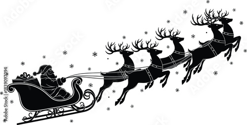 Santa Claus flying in sleigh pulled by reindeer with falling snowflakes, Christmas holiday silhouette illustration for festive winter season design projects