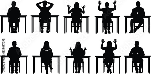 Silhouette collection of students and office workers sitting at desks in various poses for education, classroom, learning, study, workplace vector illustration