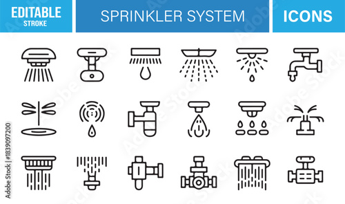 Minimal Line Icons of Sprinkler Systems Including Irrigation Nozzles, Water Flow, Valves, Pipes, and Garden Watering Controls