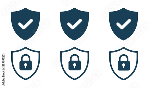 Security shield icon set. Vector check mark and padlock symbols.