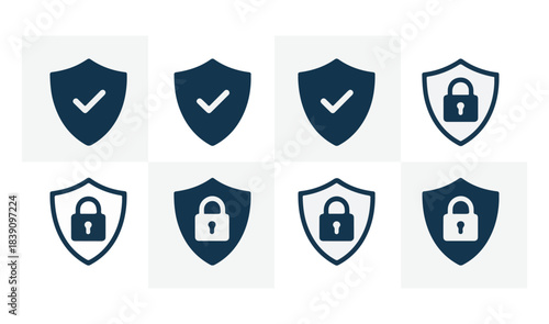 Security shield icon set. Lock and check mark protection symbols.
