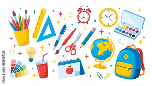School Supplies Icon Set: Colorful Cartoon Illustrations of Backpack, Globe, Paints, Clock, Calendar, and Stationery for Educational UI and Classroom-Themed Visual Storytelling