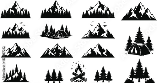 Mountain and forest silhouette collection featuring camping tents, campfire, pine trees, outdoor adventure vector design elements for nature themed artwork