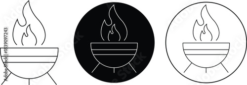 Outdoor fire pit icons set in outline styles. Graphic illustration depicting burning wood flame campfire barbecue BBQ grill minimalist silhouette design elements isolated on transparent background.