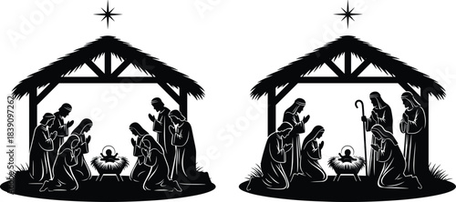 Nativity scene silhouette with holy family, shepherds and star, Christmas manger illustration for religious celebration design, traditional Christian artwork theme