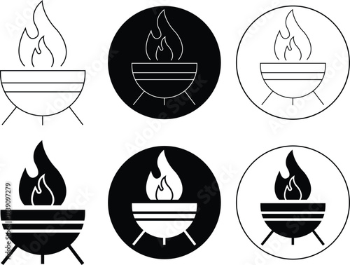 Outdoor fire pit icons set flat, outline styles. Graphic illustration depicting burning wood flame campfire barbecue BBQ grill minimalist silhouette design elements isolated on transparent background.