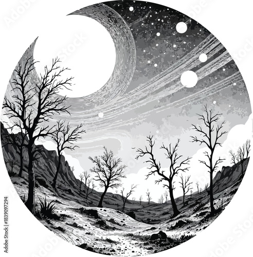 Surreal barren landscape with leafless trees, cracked earth, and cosmic night sky in circular illustration