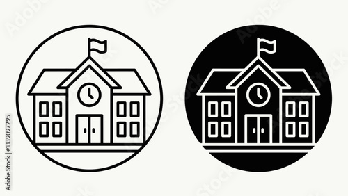School Building Icons: Dual Circular Black-and-White Designs Featuring Flag, Clock, and Symmetrical Windows for Educational UI and Institutional-Themed Visual Storytelling