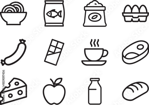 Clean minimalist food product outline icon set, bold style ideal for packaging, branding, infographic and UI use.