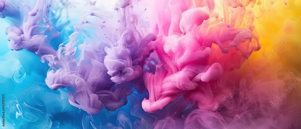 Fototapeta premium Abstract image of colorful ink clouds swirling underwater with vibrant orange, pink, and blue tones creating dreamy textures.