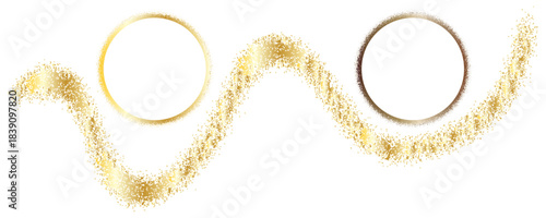 Elegant Gold Glitter Wave with Two Metallic Circular Frames. Luxury Sparkle Swirl Decoration, Shimmer Dust Trail, Shiny Golden Flow Vector for Invitation, Celebration and Premium Modern Design