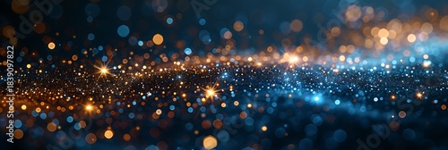 Panoramic Abstract Background with Glowing Particles and Bokeh Lights in Blue and Orange Hues