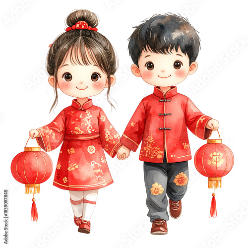 Chinese children holding red lanterns Lunar New Year kids in traditional clothing.