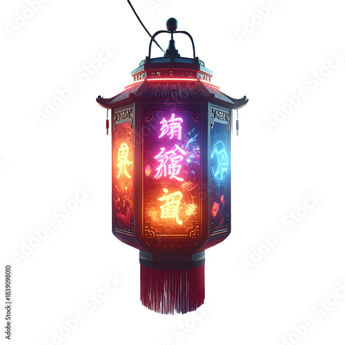 Chinese Lantern with Neon Characters Hanging Decoration.