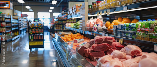 Close-up of raw beef and pork cuts in a supermarket meat section, surrounded by fresh vegetables like tomatoes and peppers.