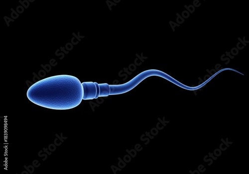 Microscopic view of a blue sperm cell against a black background