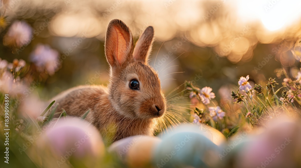 Fototapeta premium A cute rabbit sits among pastel-colored eggs and flowers, illuminated by soft sunlight, creating a serene and festive spring atmosphere.