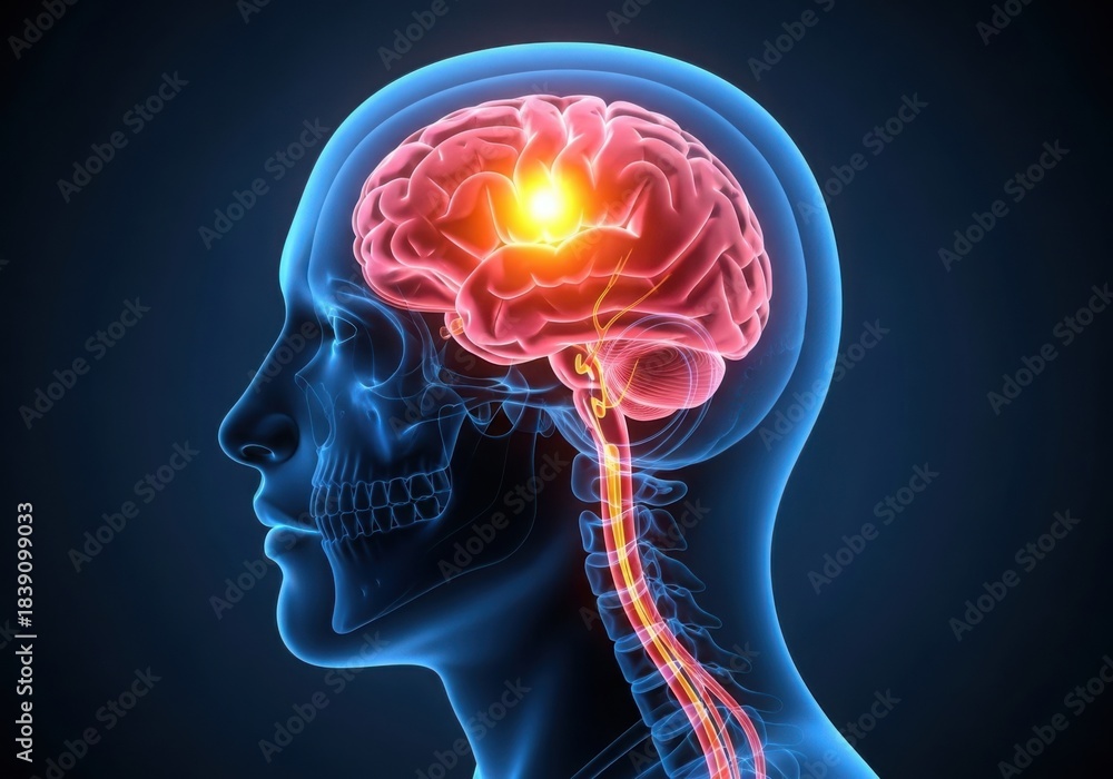 Fototapeta premium Glowing brain activity in human head silhouette
