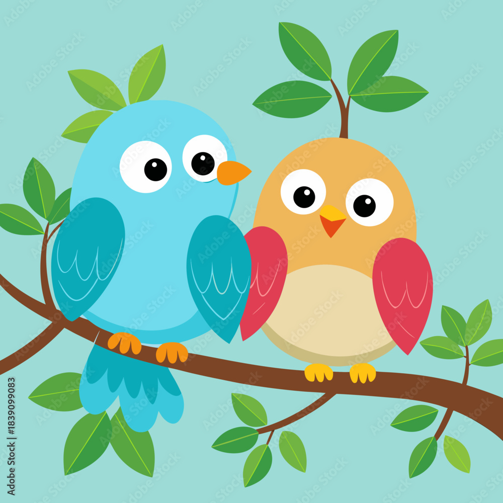 Obraz premium Two cute cartoon birds sitting on a branch with green leaves