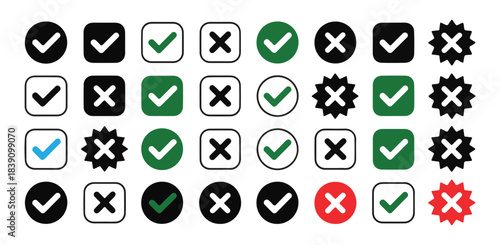 Vector collection of green and black check marks and crosses.
