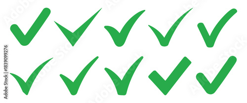 Green check mark icons set. Vector tick symbols.