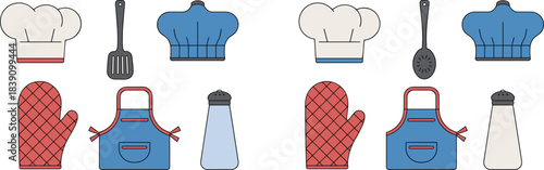 Flat kitchen tools illustration set, chef hats, spatulas, cooking pots, apron, oven mitts, salt shakers, minimalist culinary utensils artwork design