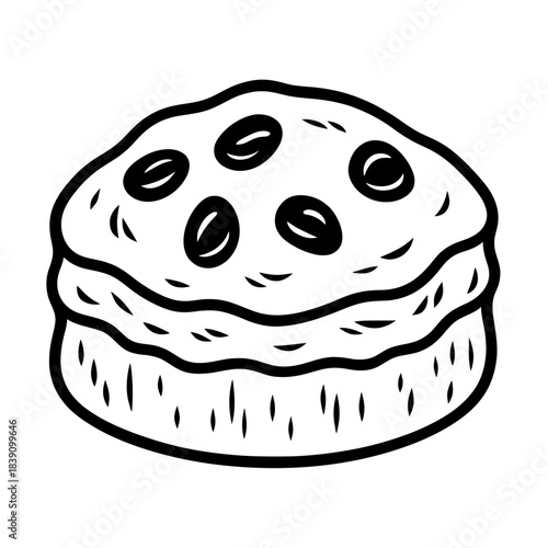 Stylized dark grey monochrome illustration of a freshly baked gourmet muffin, adorned with delicious chocolate chips or coffee beans, featuring a unique embossed outline art style