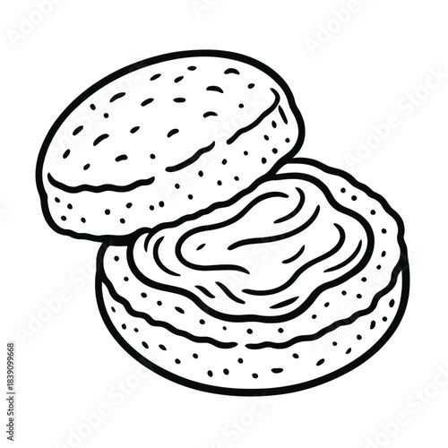 Detailed monochrome illustration capturing a classic British scone, beautifully split open to reveal rich, swirling cream or fruity jam filling, perfect for a cozy afternoon tea