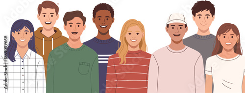 Group of diverse young people illustration, smiling friends, happy teens, modern characters, multicultural youth, cartoon portrait collection, community concept artwork