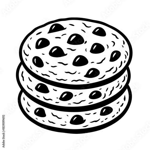 Stylized dark illustration of three chocolate chip cookies stacked, featuring a minimalist monochrome design with subtle textual details. Ideal for digital art, bakery branding, sweet treat promotions