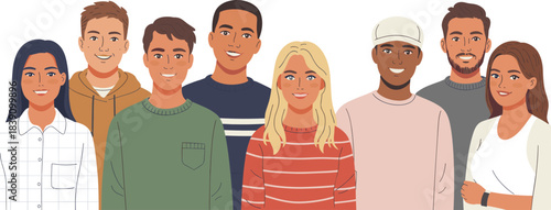 Group of diverse young people illustration, smiling friends, happy teens, modern characters, multicultural youth, cartoon portrait collection, community concept artwork