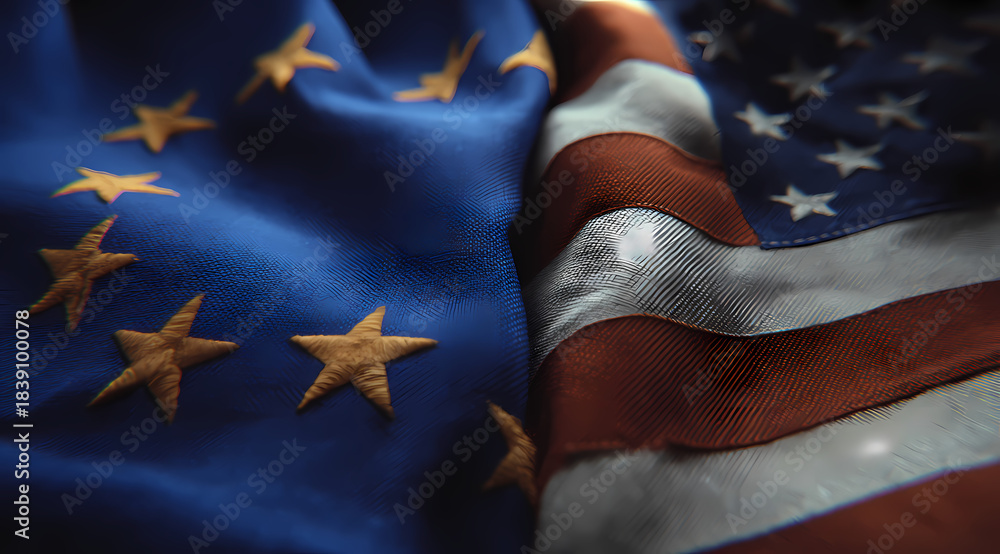 Fototapeta premium European Union and United States Flags Waving Together Symbol of International Cooperation and Partnership