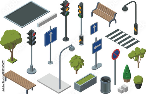 Isometric street elements illustration set, traffic lights, road signs, benches, trees, lamp posts, crosswalk, urban city objects collection for design