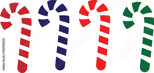 Four colorful candy canes in a row on white background