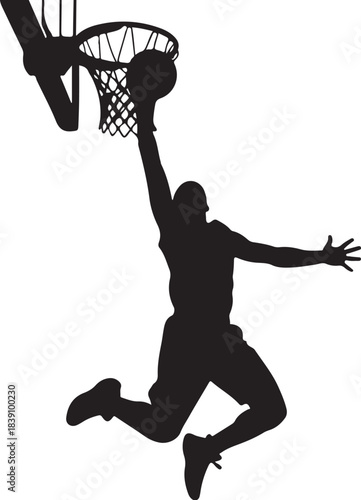 Silhouette of a basketball player dunking on a white background Keywords: silhouette, basketball