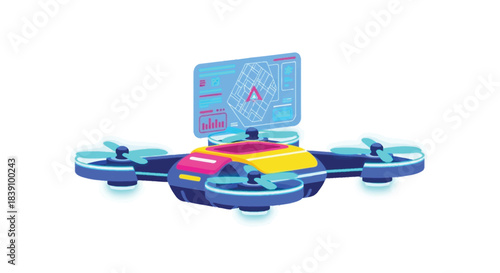 Futuristic drone with a screen displaying data and information for flight and navigation.