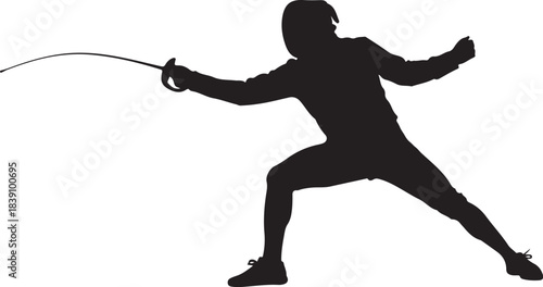 Silhouette of a Fencer in Attack Pose on White Background