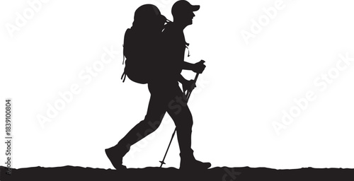 Silhouette of a hiker with backpack and poles trekking poles