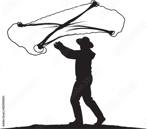 Silhouette of a man casting a fishing net fisherman