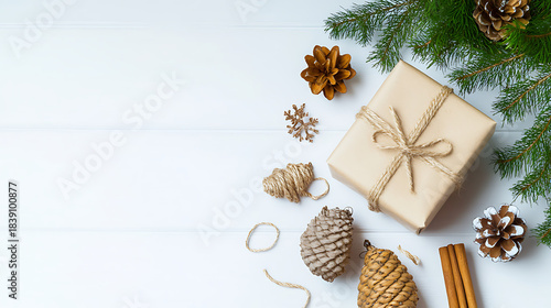 Christmas Gift Box with Pine Cones and Branches on Winter Holiday Background for Card, Invitation, Banner, Packaging Design