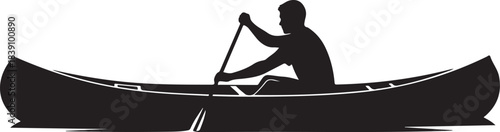 Silhouette of a man paddling a canoe on white background Keywords: canoe, paddling, silhouette